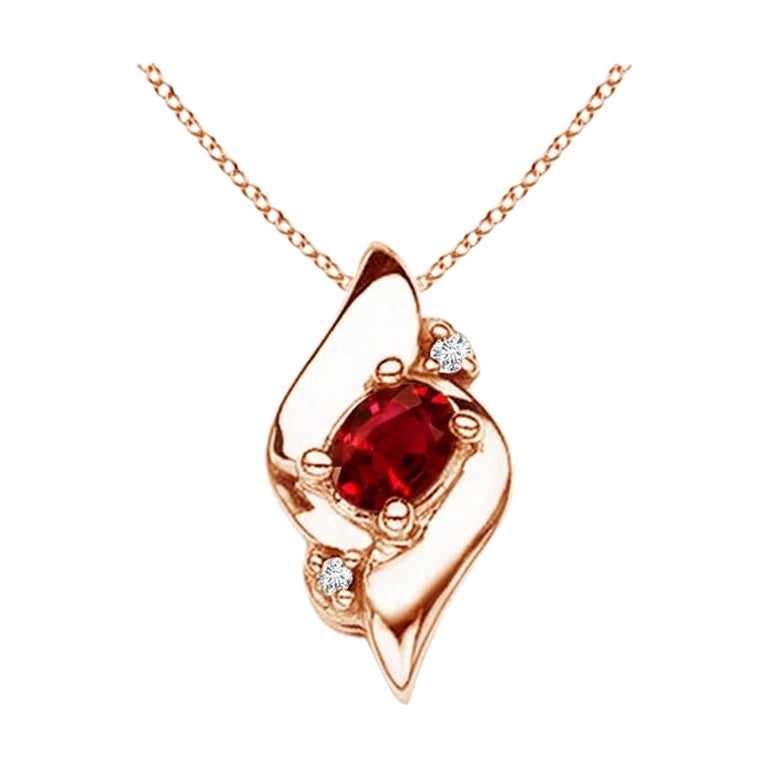Natural Oval Ruby and Diamond Pendant in 14K Rose Gold (Size-4x3mm) For Sale