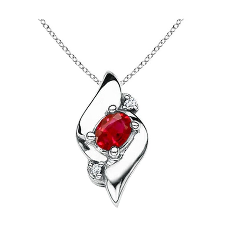 Natural Oval Ruby and Diamond Pendant in 14K White Gold (Size-4x3mm) For Sale