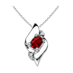 Natural Oval Ruby and Diamond Pendant in 14K White Gold (Size-4x3mm)