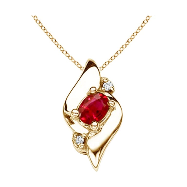 Natural Oval Ruby and Diamond Pendant in 14K Yellow Gold (Size-4x3mm) For Sale