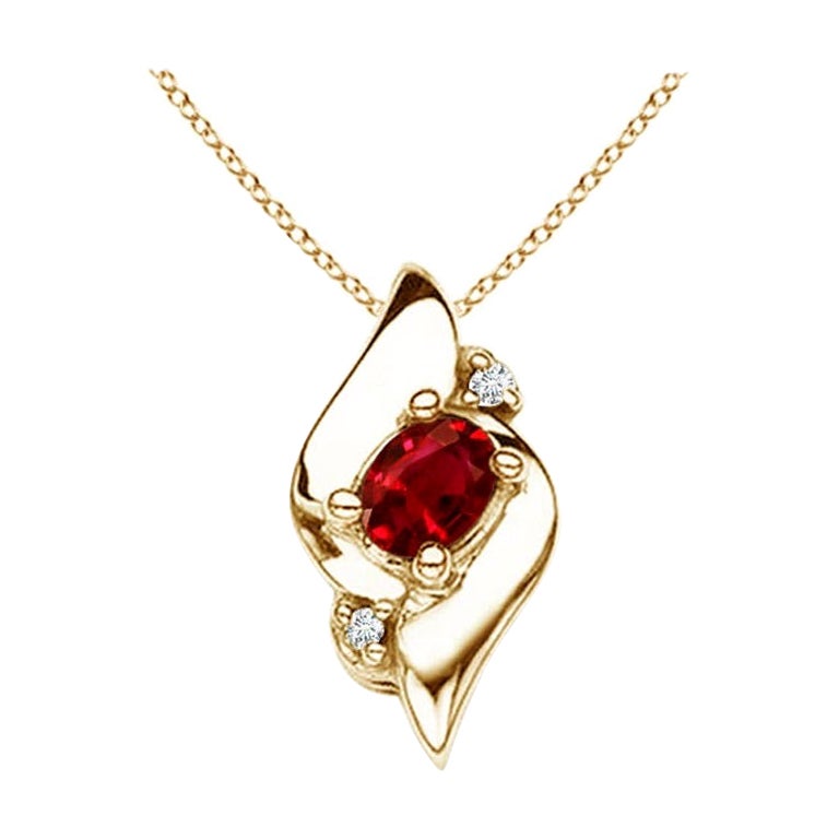 Natural Oval Ruby and Diamond Pendant in 14K Yellow Gold (Size-4x3mm) For Sale