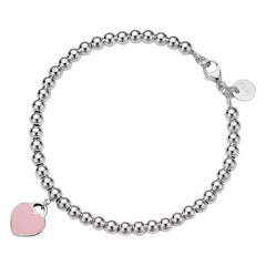 Tiffany und Co. Rosa Herz-Tag-Perlenarmband aus Sterlingsilber