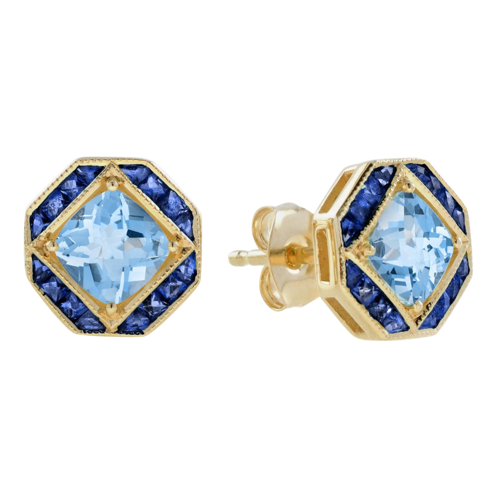 Blue Topaz and Blue Sapphire Art Deco Style Stud Earrings in 14K Yellow Gold For Sale