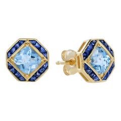 Blue Topaz and Blue Sapphire Art Deco Style Stud Earrings in 14K Yellow Gold