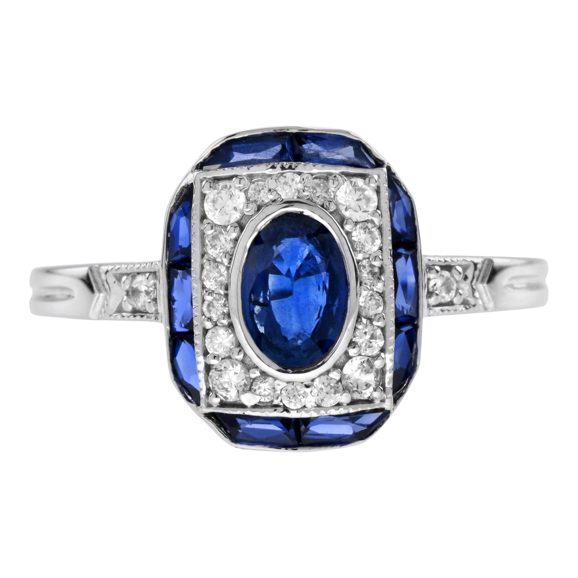 For Sale:  Oval Blue Sapphire and Diamond Art Deco Style Engagement Ring in 18K White Gold