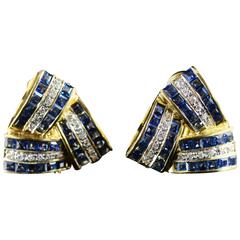 Charles Krypell Triangular Channel Set Sapphire & Diamond 18K Gold Earrings