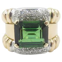1980s Green Tourmaline Diamond Gold Platinum Ring