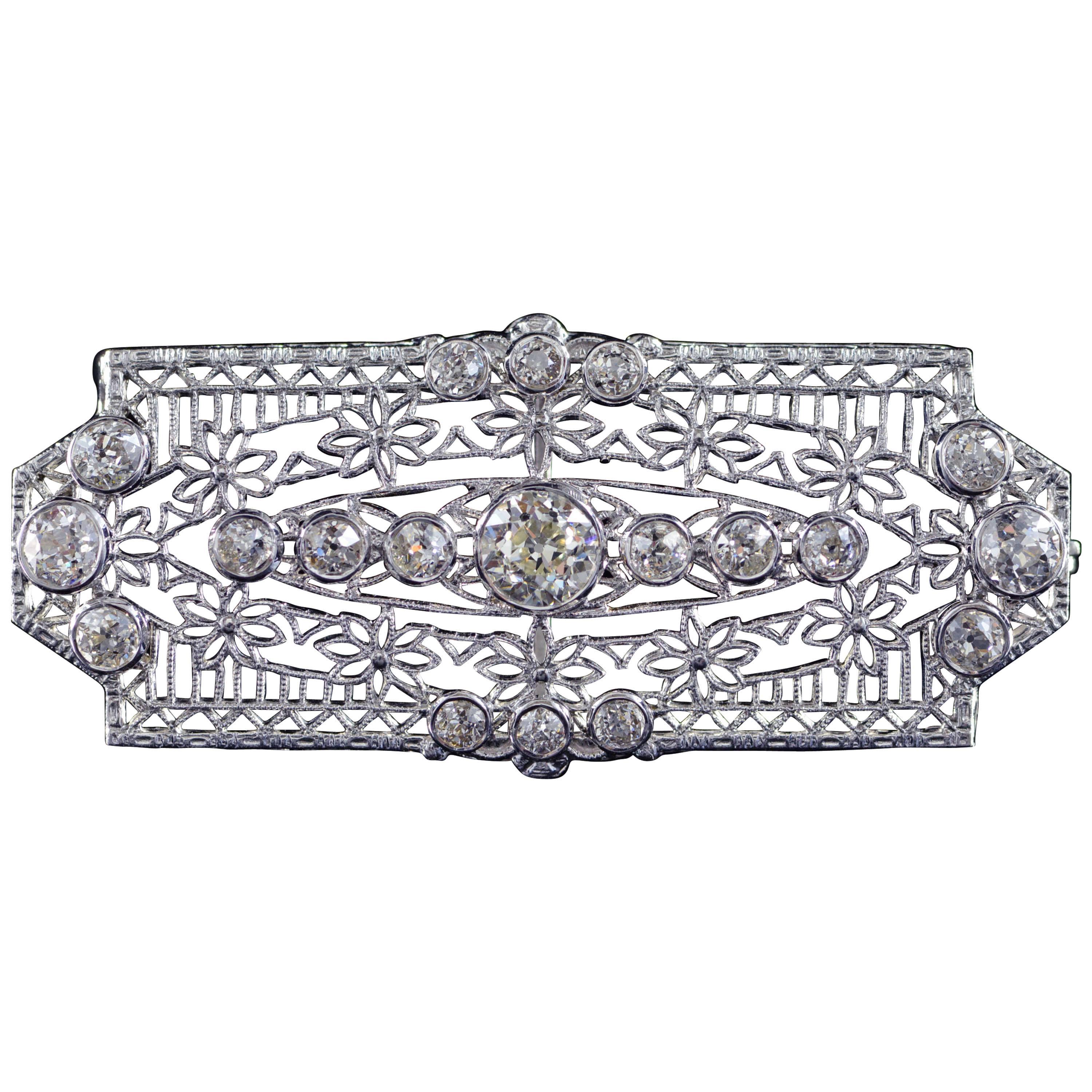 1920s Filigree Diamond Bar Brooch For Sale