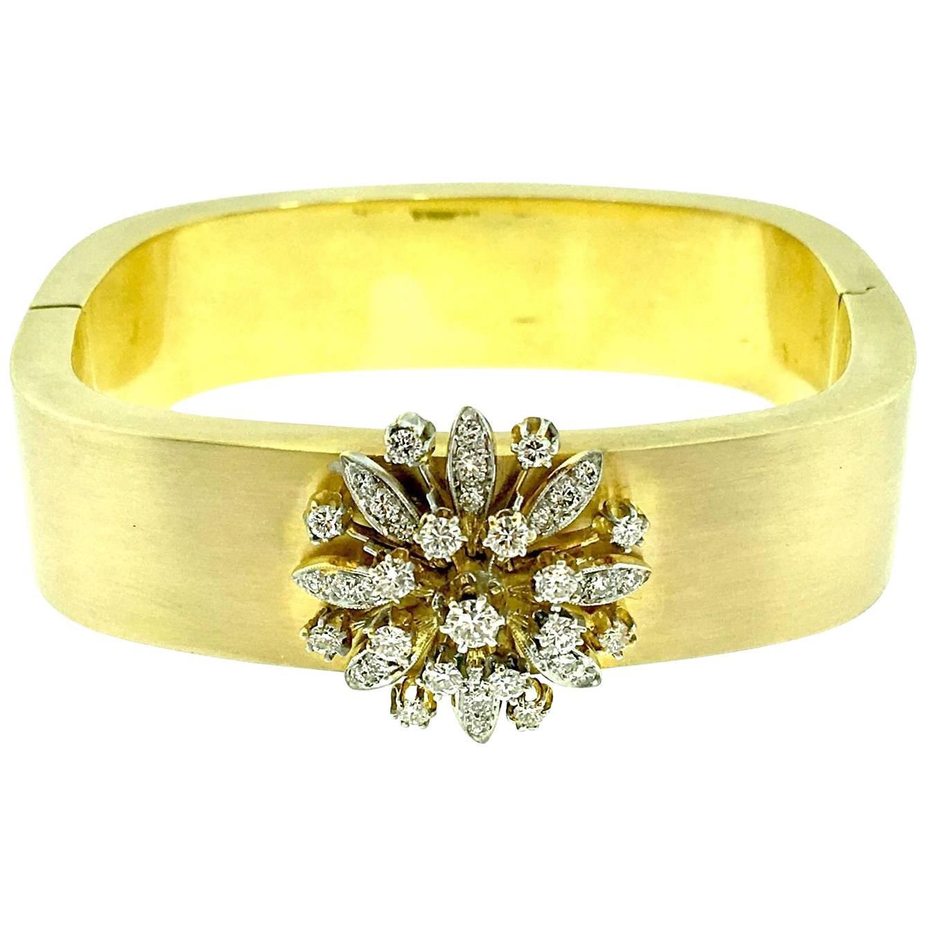 Vintage Wide Bangle with Diamond Floret in 14K Yellow Gold