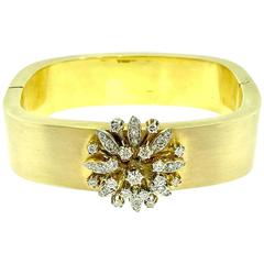 Vintage Wide Bangle with Diamond Floret in 14K Yellow Gold