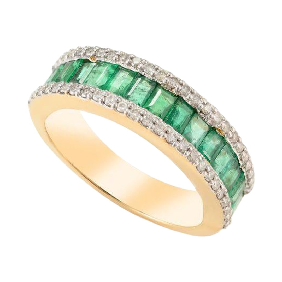 18k Yellow Fine Gold Baguette Cut Emerald and Diamond Engagement Band Ring