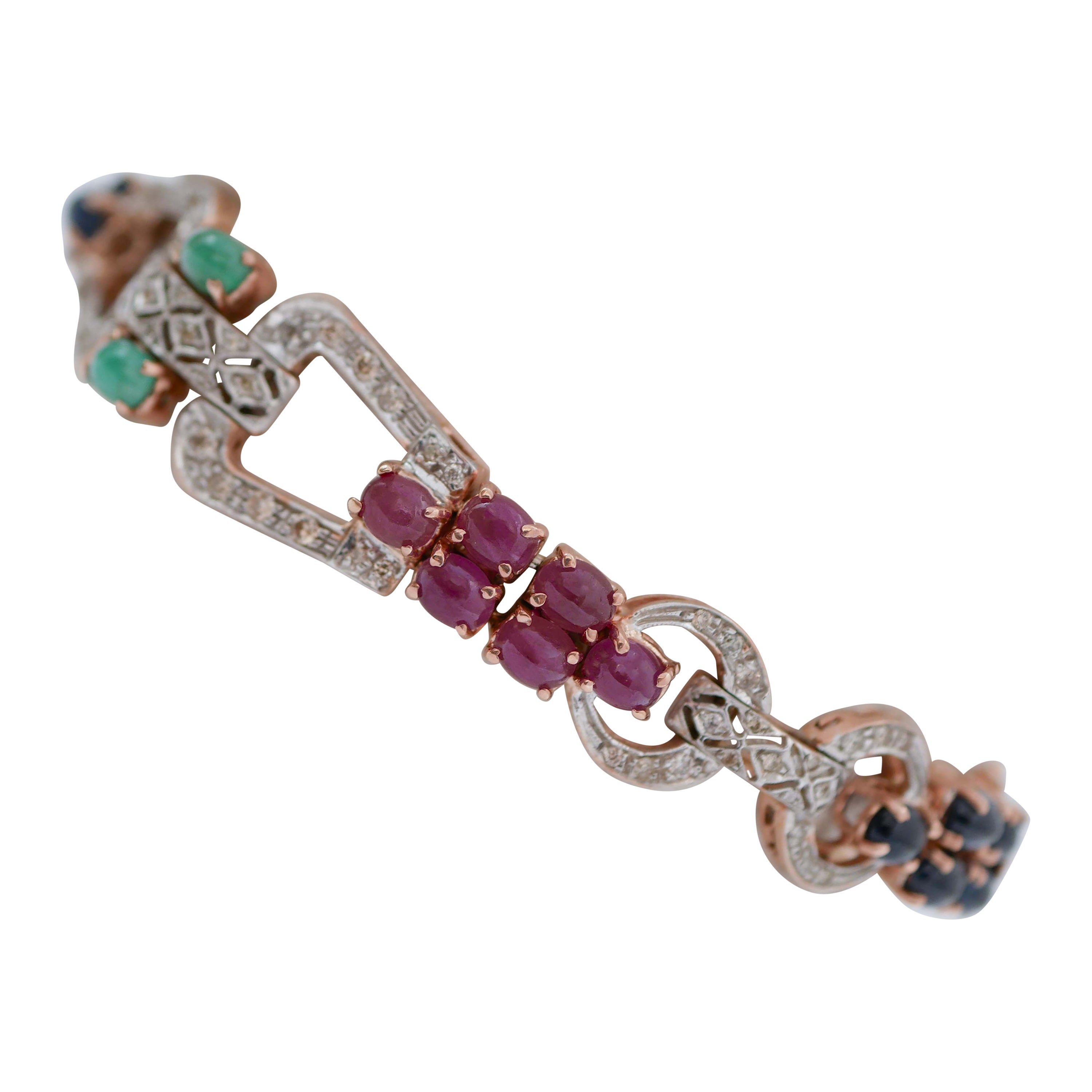 Rubies, Sapphires, Emeralds, Diamonds, Rose Gold and Silver Bracelet.