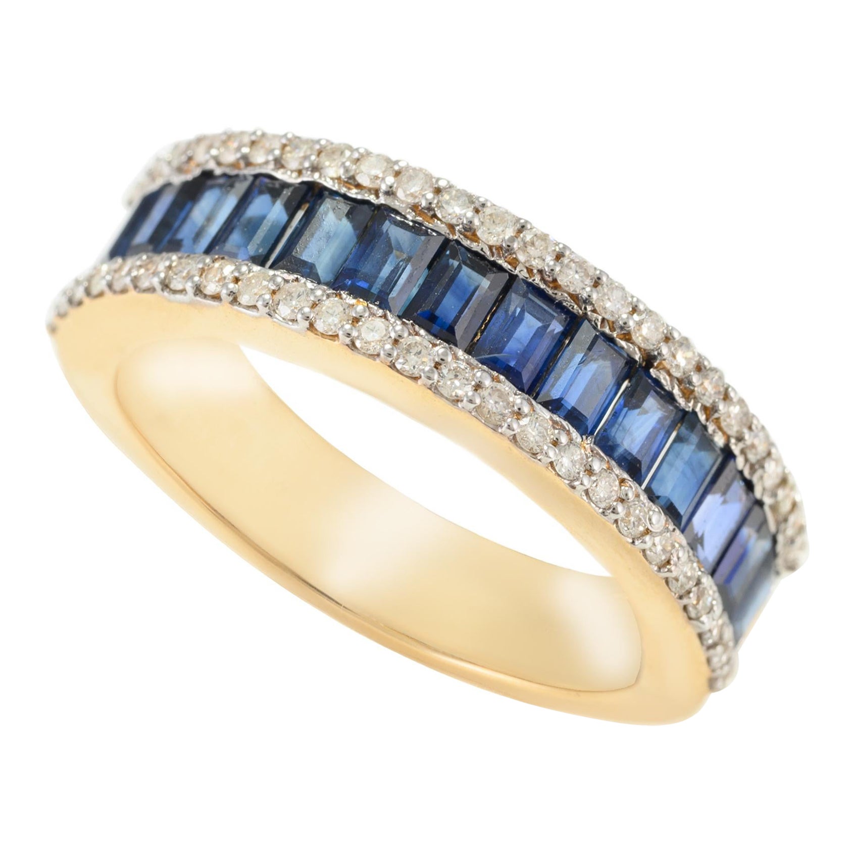 For Sale:  1.68 CTW Channel Set Blue Sapphire and Diamond Wedding Band Ring 18k Yellow Gold