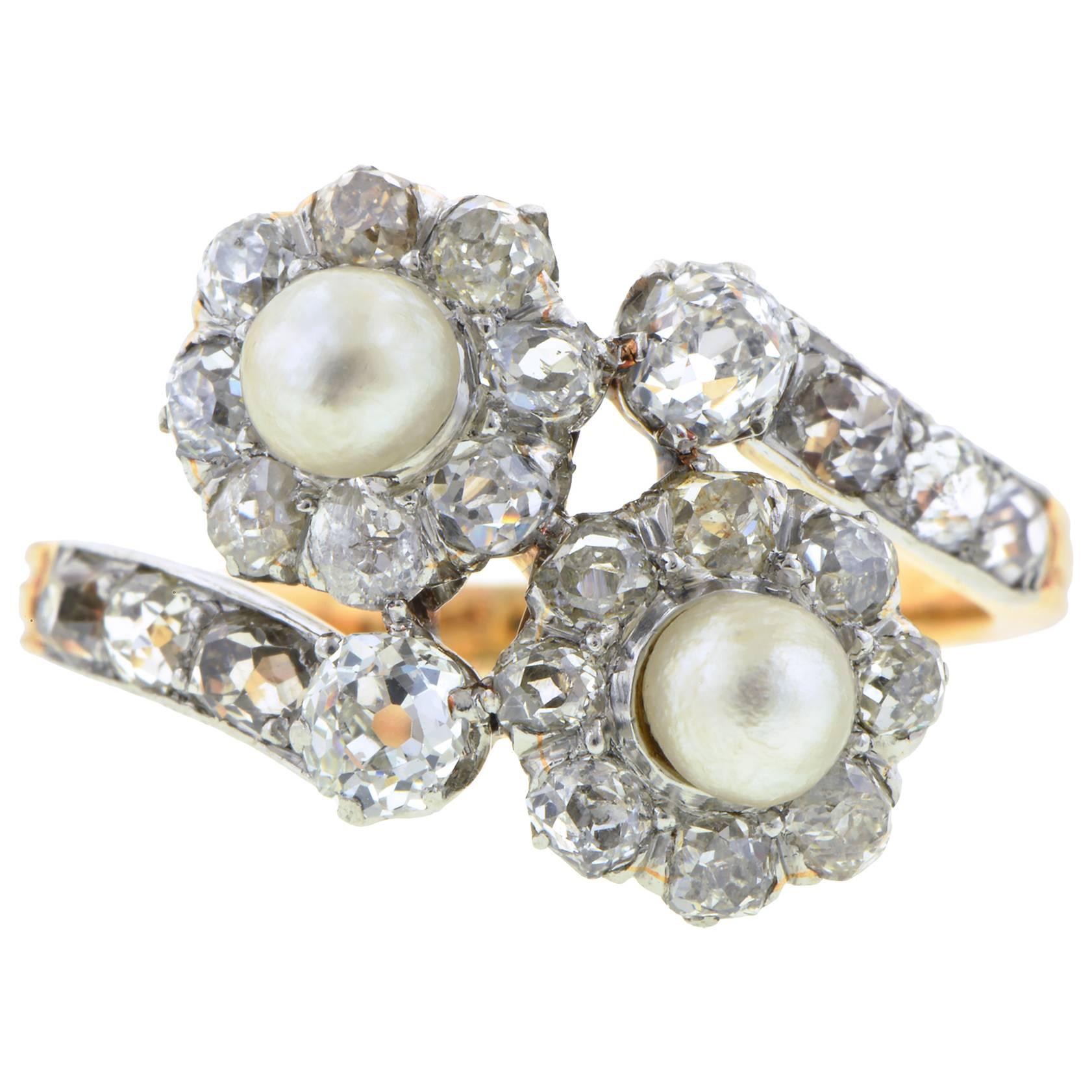 Antique Natural Pearl & Diamond Bypass Ring For Sale