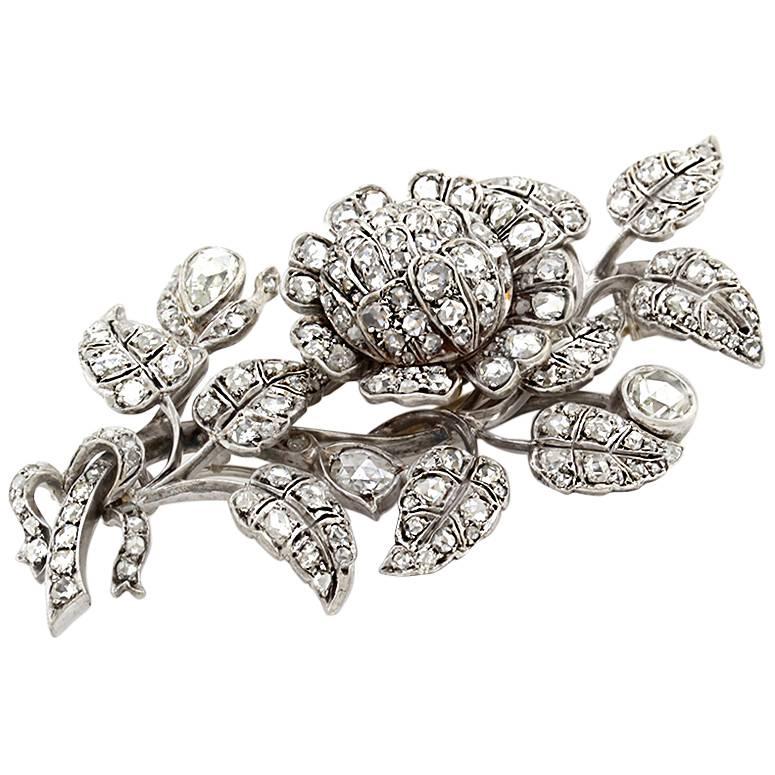 Antique Silver and Gold Rose Cut Diamond Tremble Flower Brooch For Sale