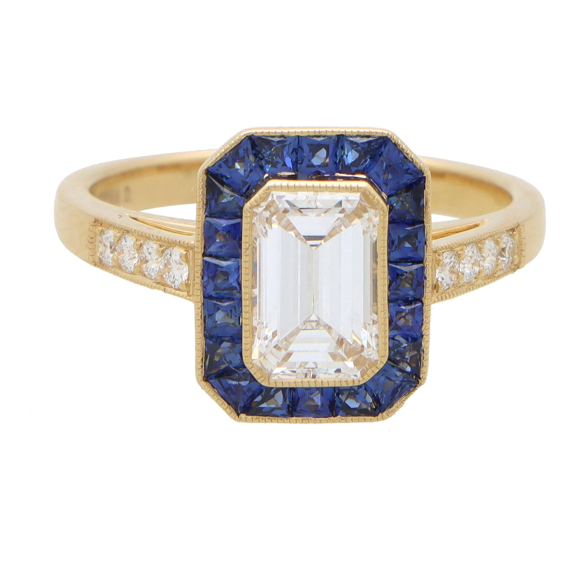 Art Deco Style GIA D-Colored Diamond and Sapphire Target Ring in 18k Yellow Gold For Sale