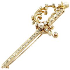 Antique Diamond and Gold Sword Brooch with Pearl Accents