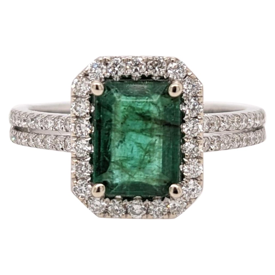 1.27ct Emerald Ring w Natural Diamond Halo in 14K White Gold Emerald Cut 8x6mm For Sale
