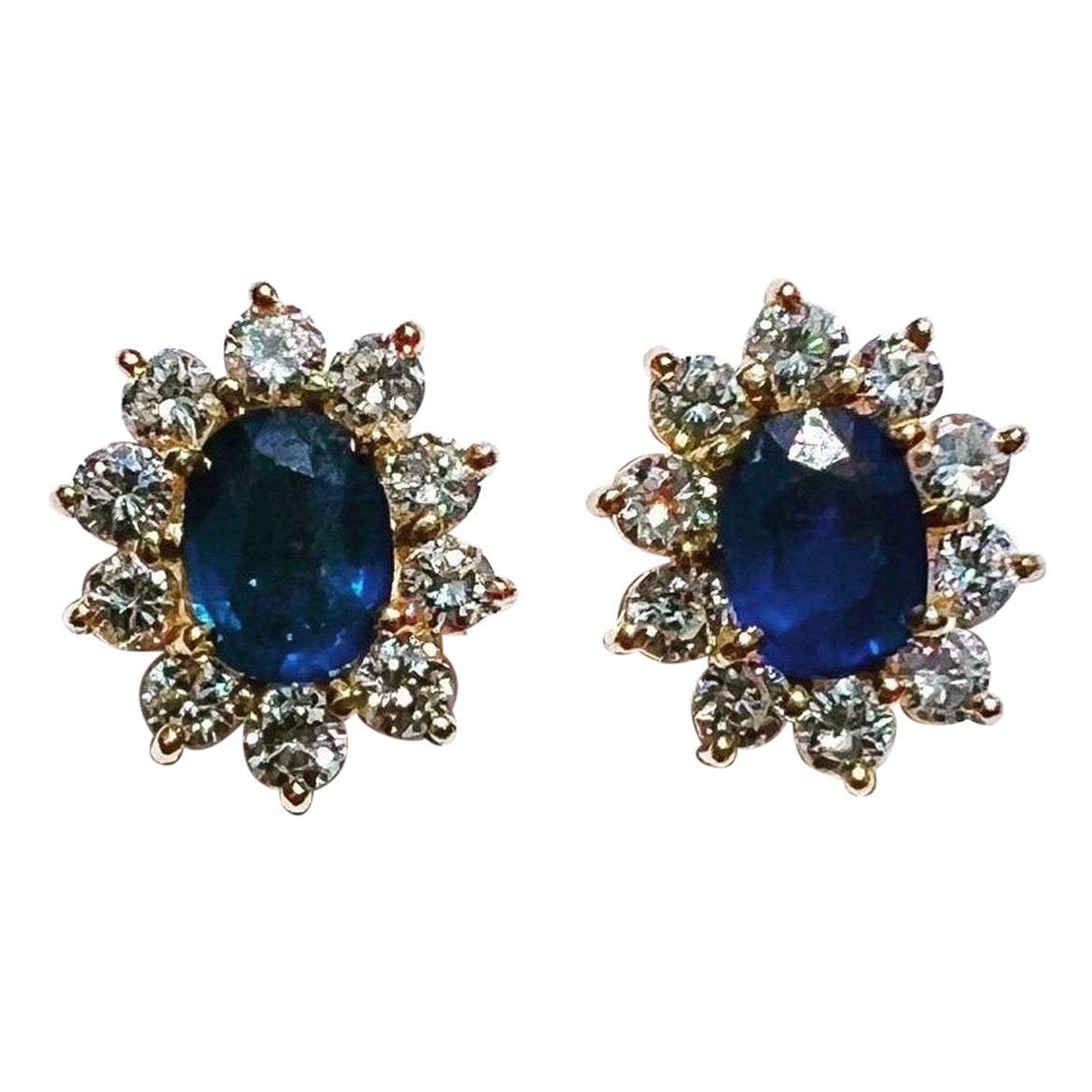 1970s Oval Sapphire Diamonds 18k Yellow Gold Cluster Stud Earrings For Sale