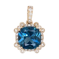 4.83ct London Topaz Pendant w Diamonds in Solid 14K Yellow Gold Cushion Cut 9mm