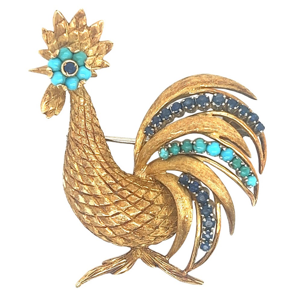 Vintage Sapphire & Turquoise Gemstone Rooster Brooch 18k Yellow Gold For Sale