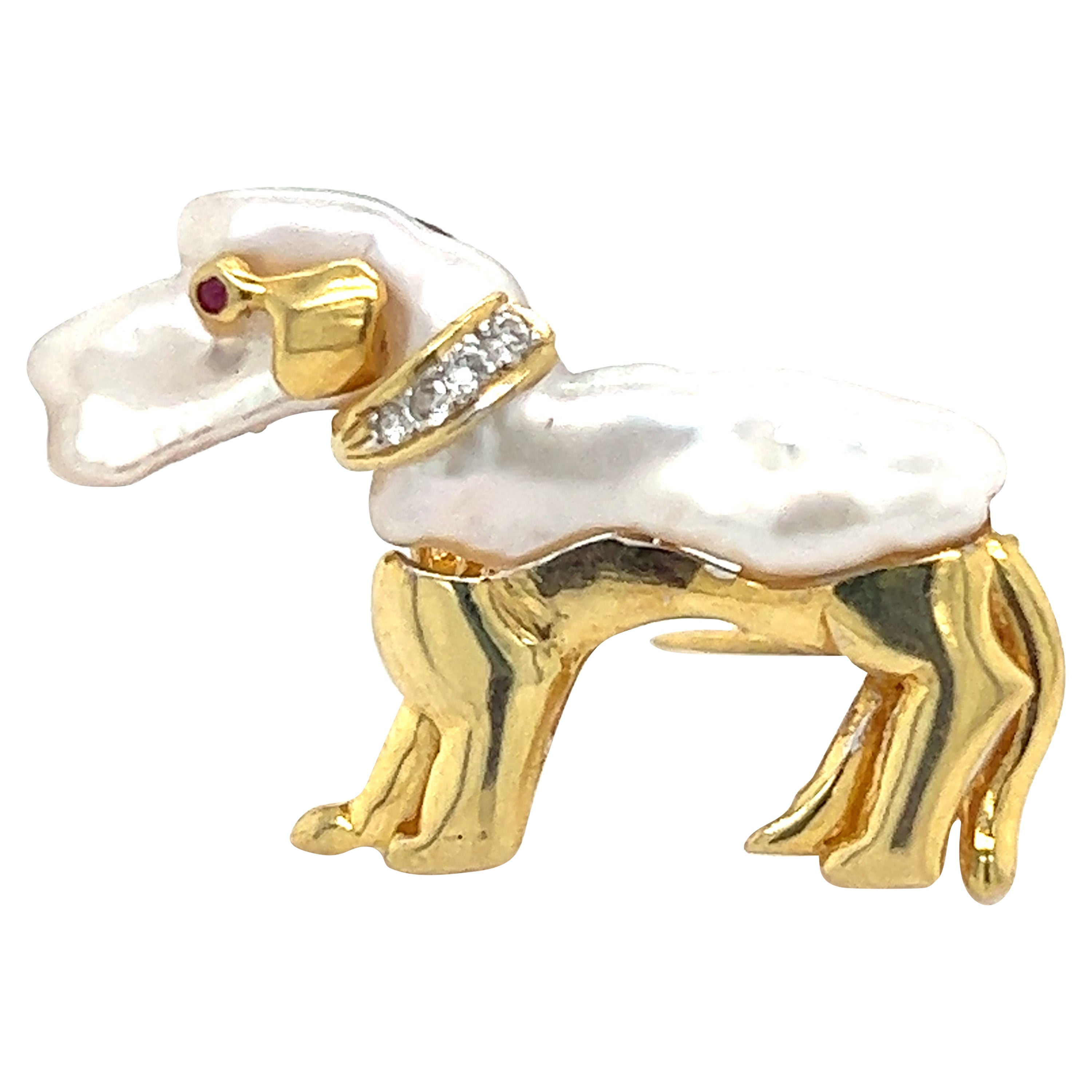 Diamond Ruby & Pearl Dachshund Dog Brooch Pendant 14k Yellow Gold For Sale