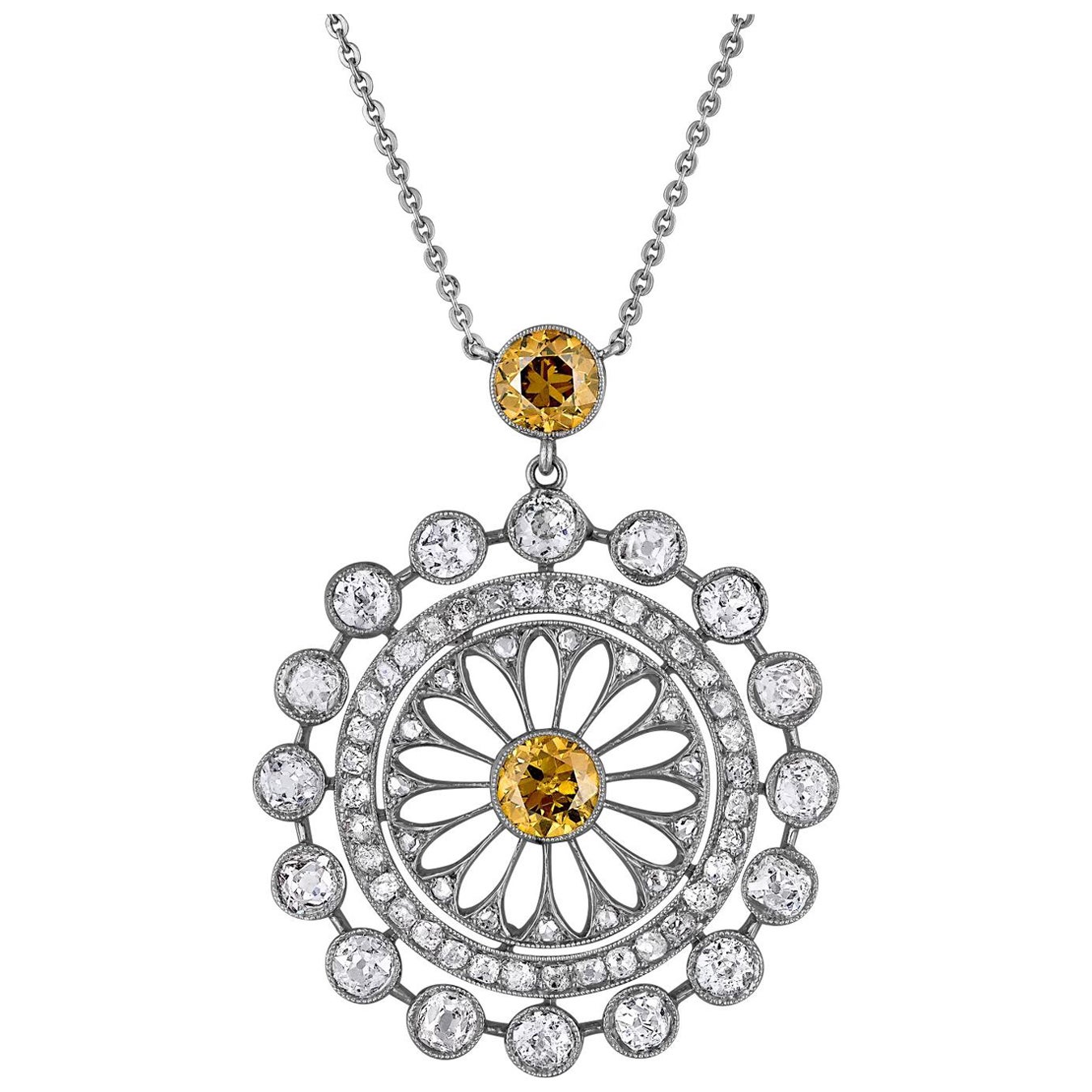 Original Edwardian Circular Orange Brown Diamond Platinum Pendant Necklace  For Sale