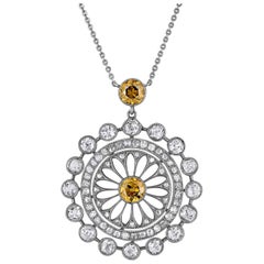 Antique Original Edwardian Circular Orange Brown Diamond Platinum Pendant Necklace 