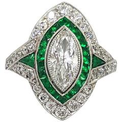 Vintage Art Deco 1 Carat of Emeralds and 2.88 Carats of Diamonds Set in Platinum Ring