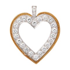 Retro White and Yellow Gold and Diamond Heart Pendant 