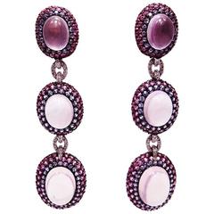 Pink Sapphire Ruby Rose Quartz White Gold Oval Earrings 6