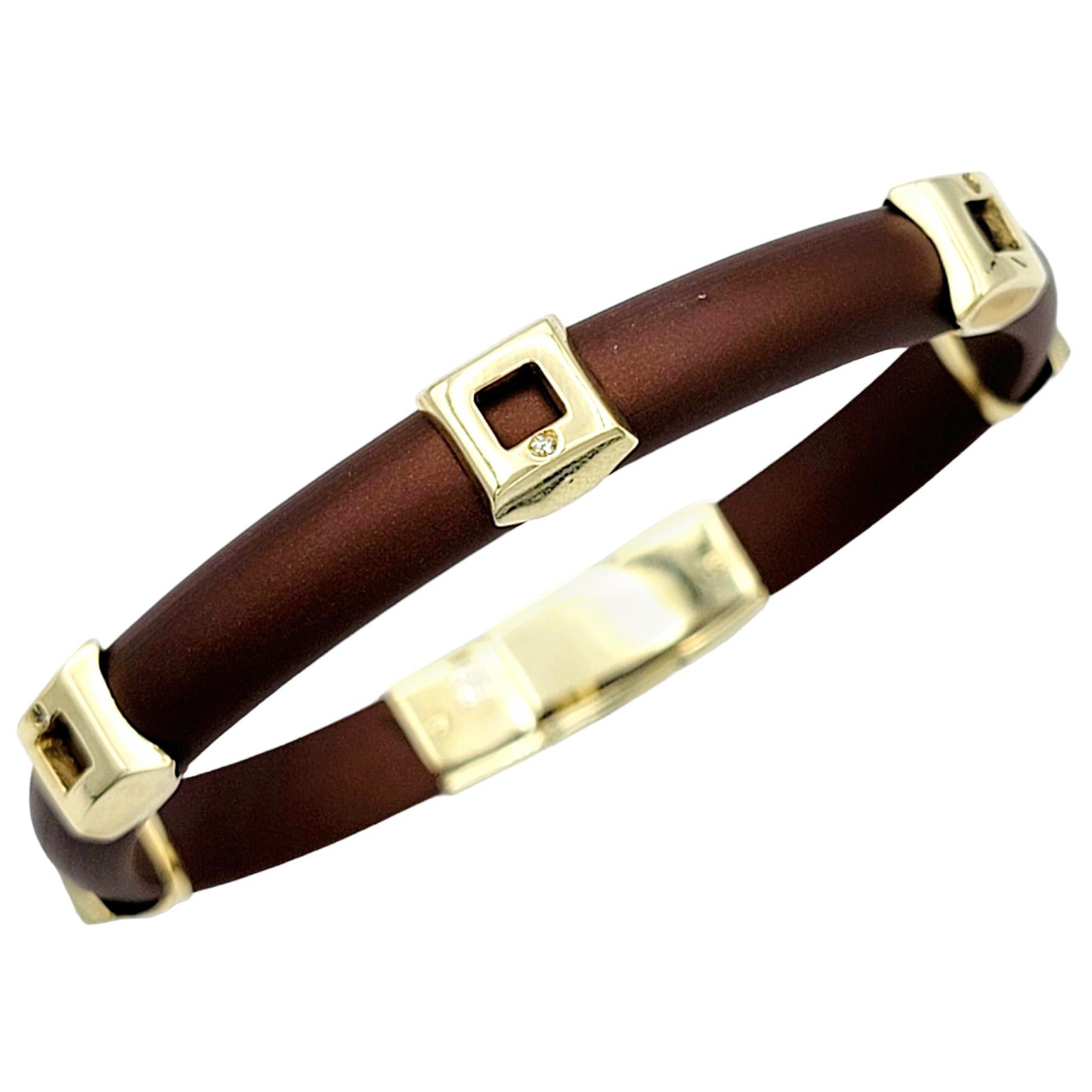 Contemporary Brown Rubber and Diamond Station Bracelet in 14 Karat Yellow Gold  For Sale