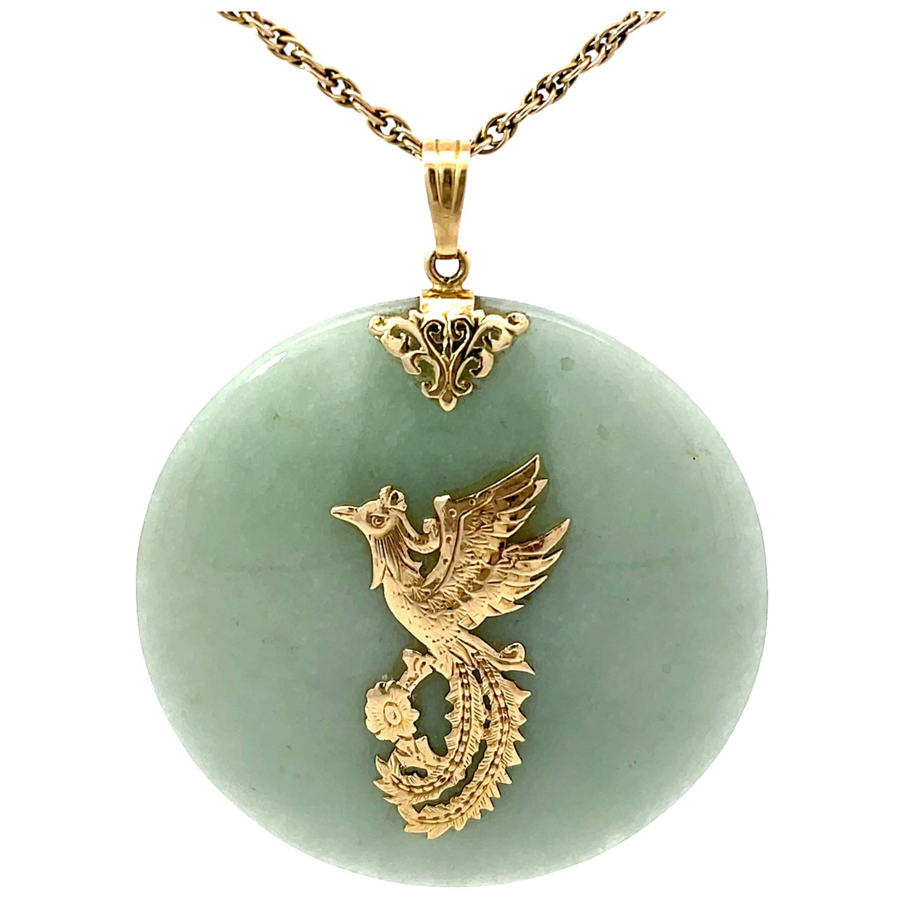 Mings Hawaii Round Jade Phoenix Pendant 14k Yellow Gold