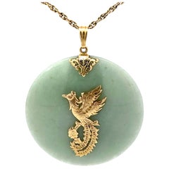 Retro Mings Hawaii Round Jade Phoenix Pendant 14k Yellow Gold