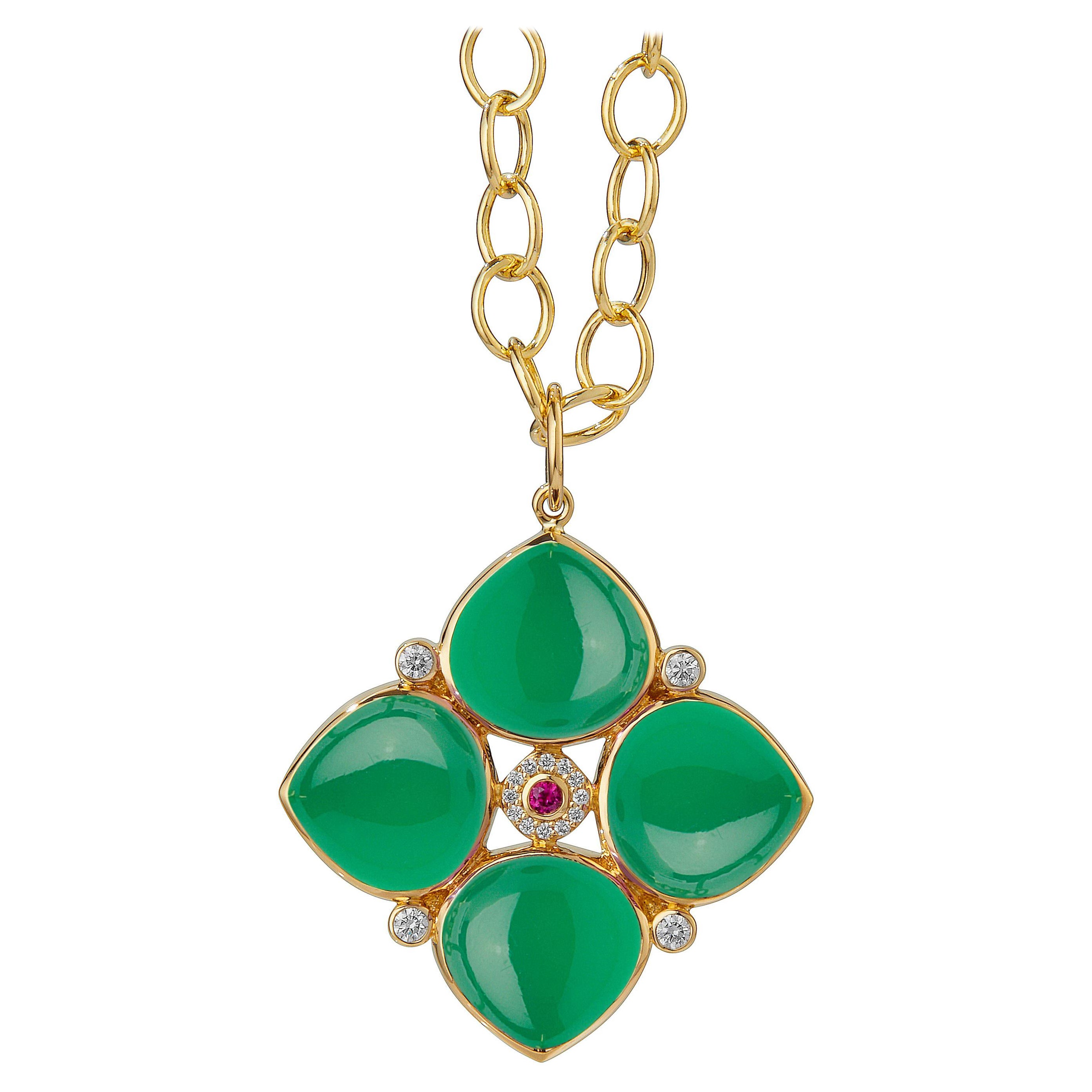 Syna Yellow Gold Green Chalcedony Pendant with Ruby and Diamonds For Sale