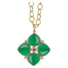 Syna Yellow Gold Green Chalcedony Pendant with Ruby and Diamonds