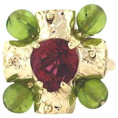 1970's Pink Tourmaline and Peridot Ring Yellow Gold