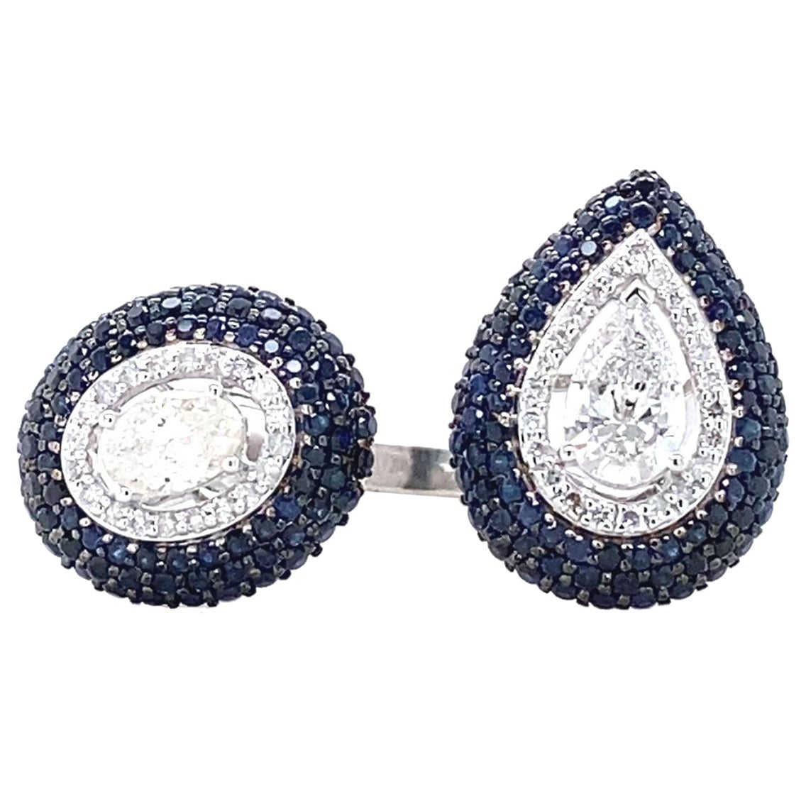For Sale:  Fancy Diamonds Cuff Ring with Blue Sapphire set in 18k Solid Gold