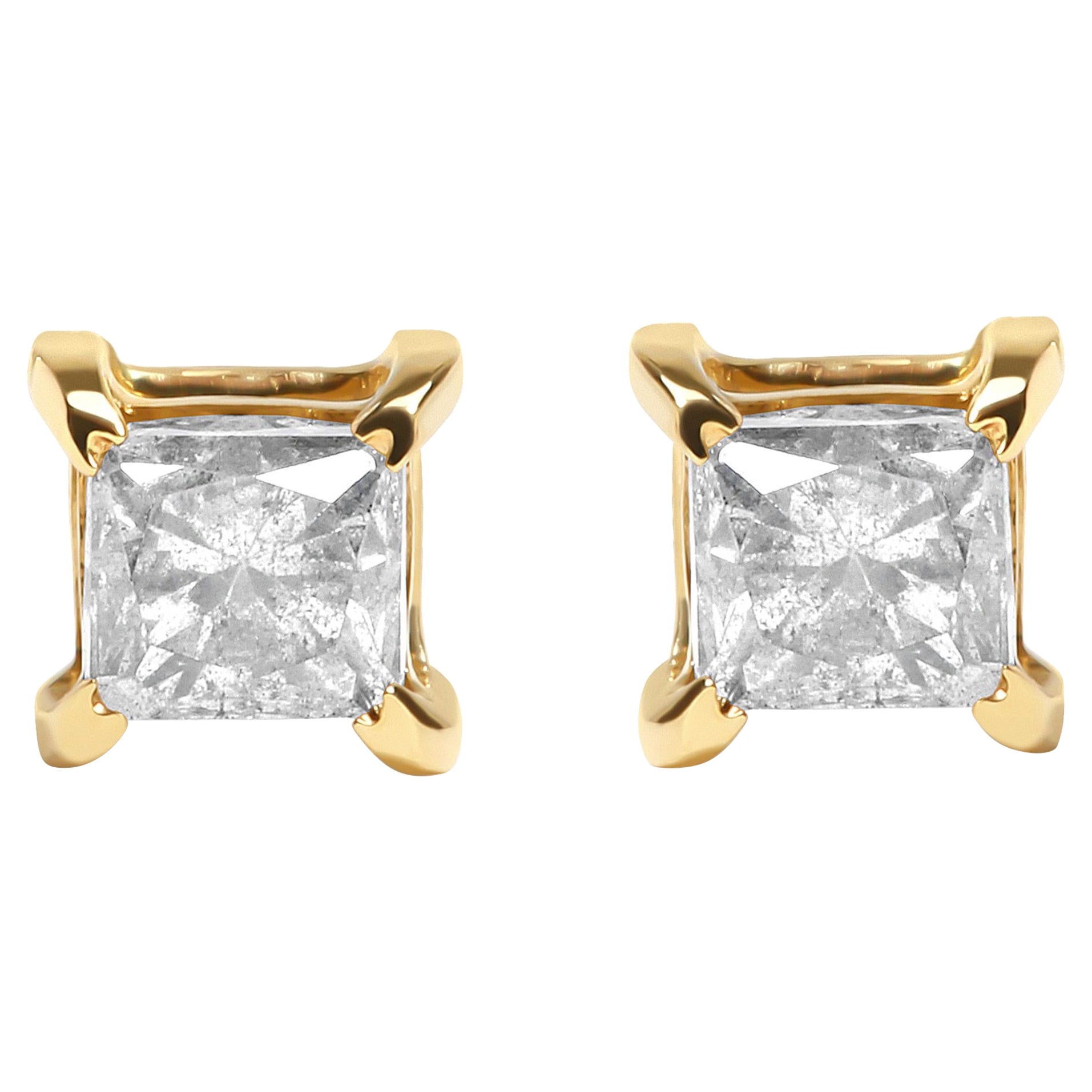 10K Yellow Gold 5/8 Carat Princess Cut Diamond 4-Prong Solitaire Stud Earrings For Sale