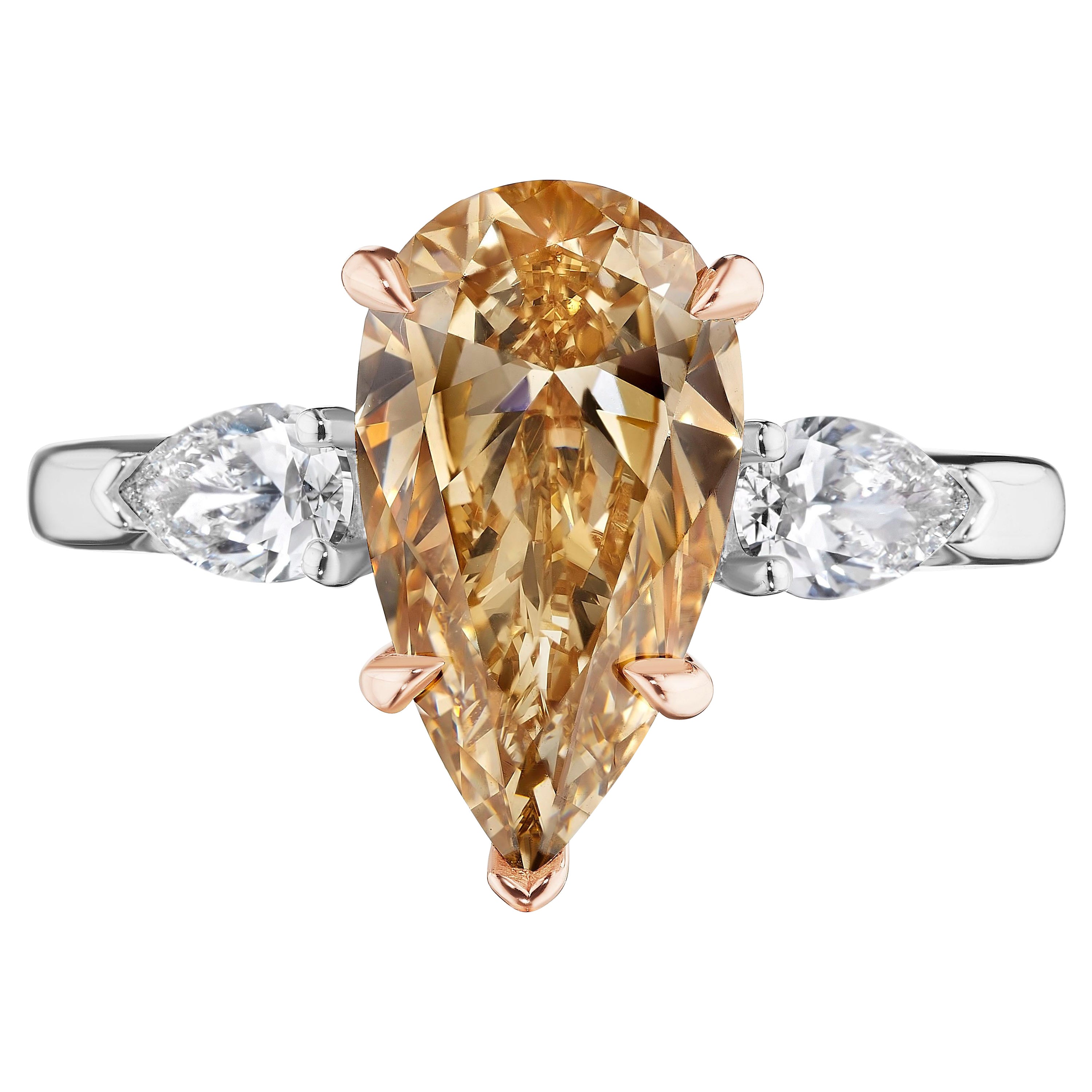 2.98ct GIA Certified Champagne Brown Pear Shape Diamond Ring For Sale