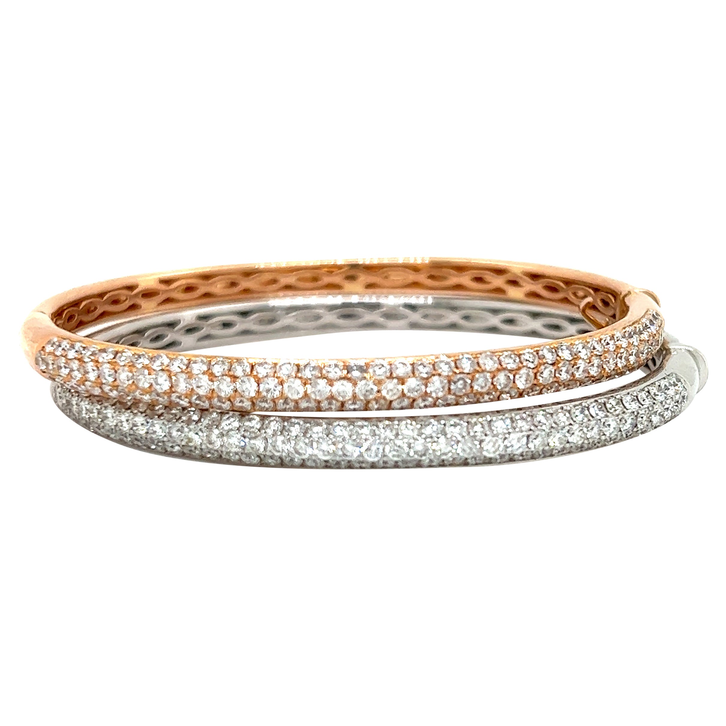 White & Rose Gold 18k Diamond Bangle Bracelet Set 4.51 Carat