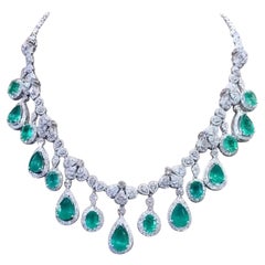 AIG Certified 36.19 Carats Zambian Emeralds  20.55 Ct Diamonds 18K Gold Necklace
