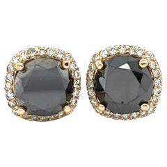 5.54 Carat Black Diamond White Diamond Yellow Gold Stud Earrings