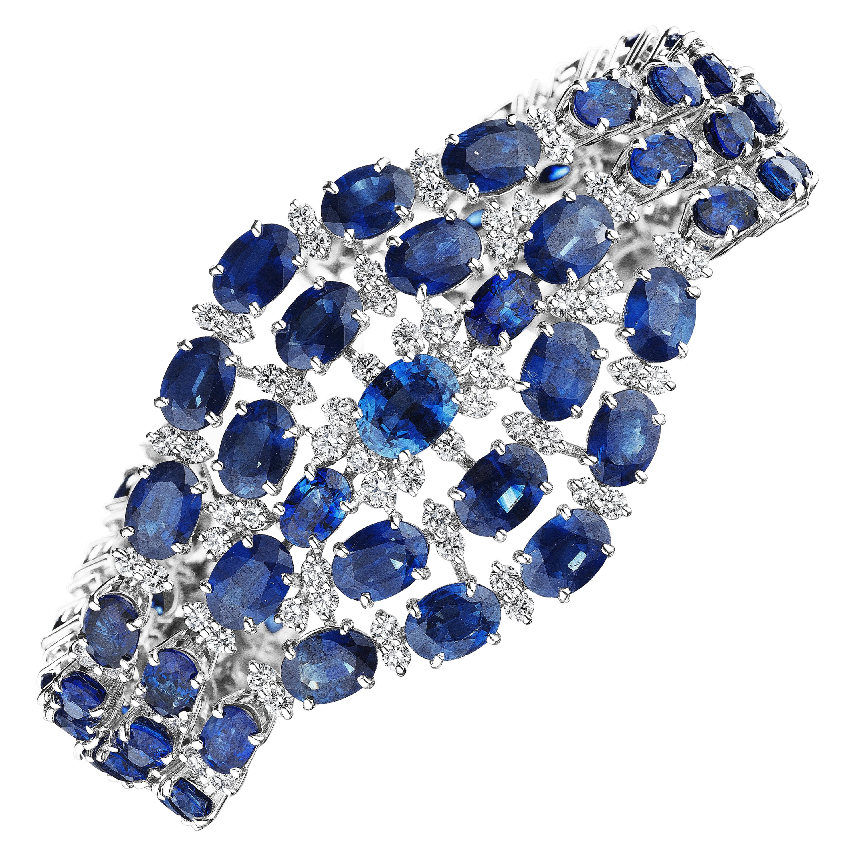 61.86ct Oval Sapphire & Round Diamond Bracelet in 18KT White Gold For Sale