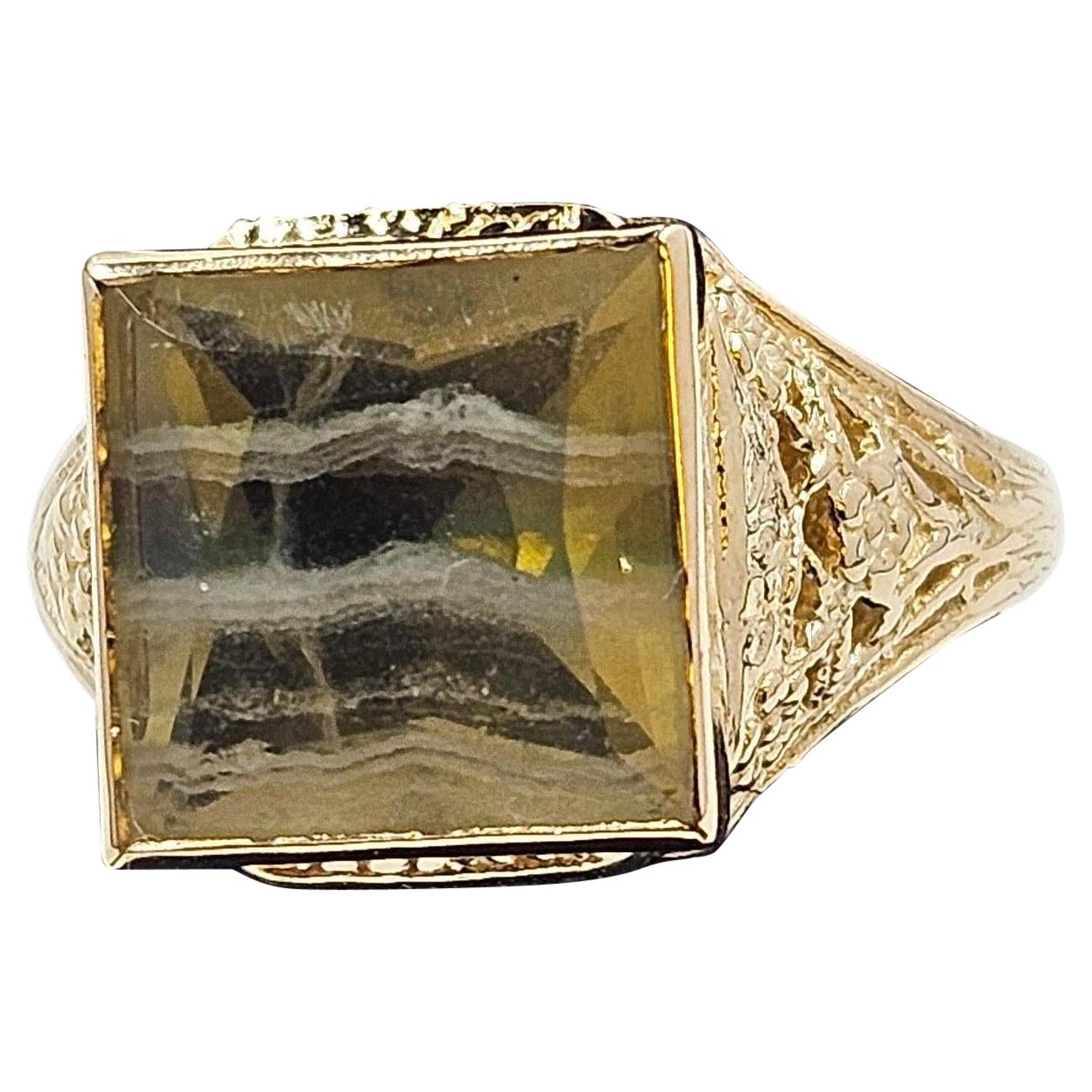 Vintage 14K Yellow Gold Banded Fluorite Filigree Ring