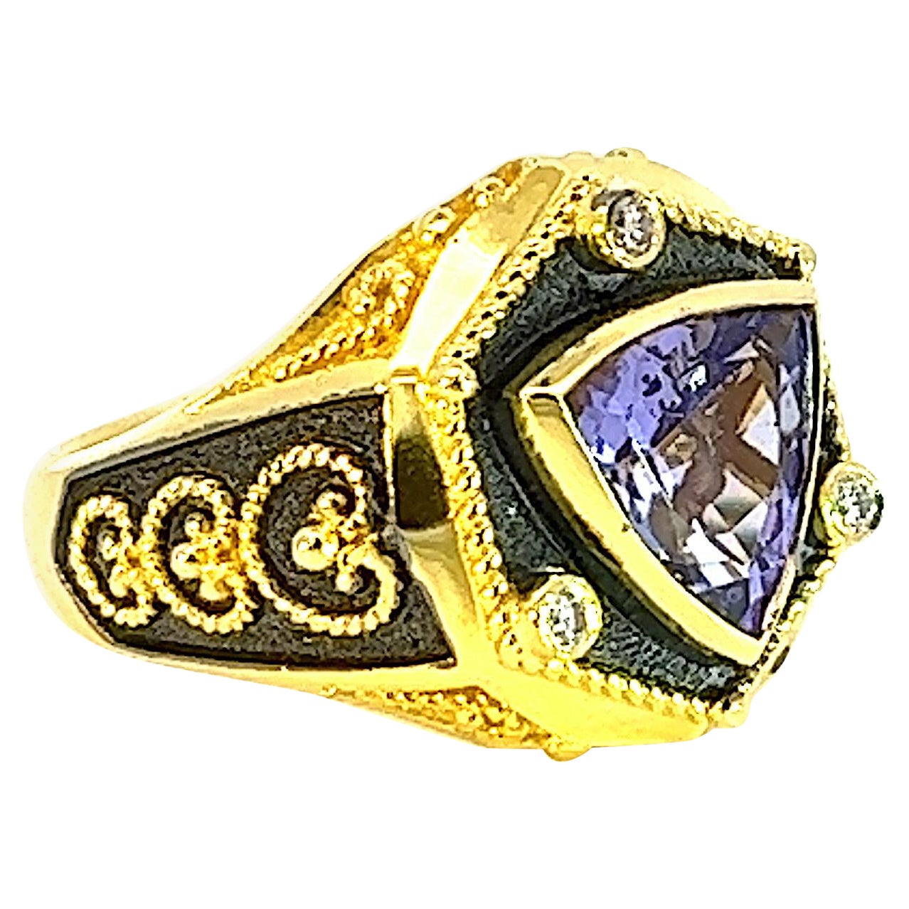 Georgios Collections 18 Karat Gold Trillion Cut Tanzanite and Diamond Ring For Sale