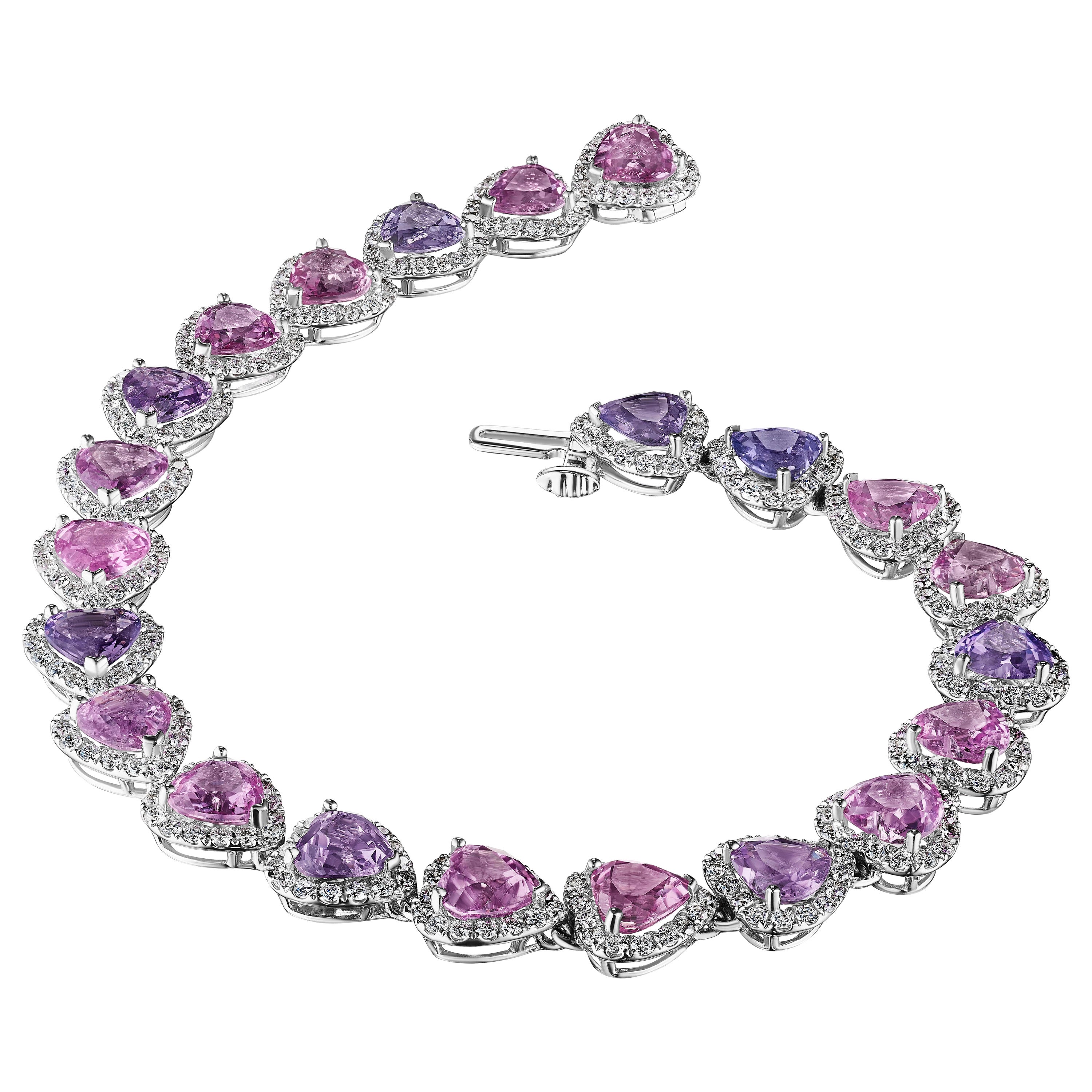 16.37ct Pink & Purple Heart Shape Sapphire & Round Diamond Bracelet in 18KT Gold For Sale