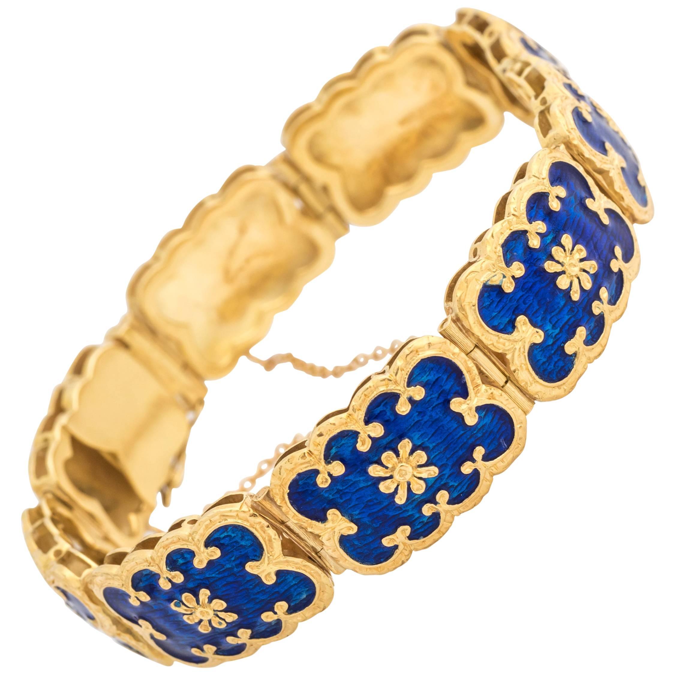 Blue Enamel Gold Scroll Design Bracelet