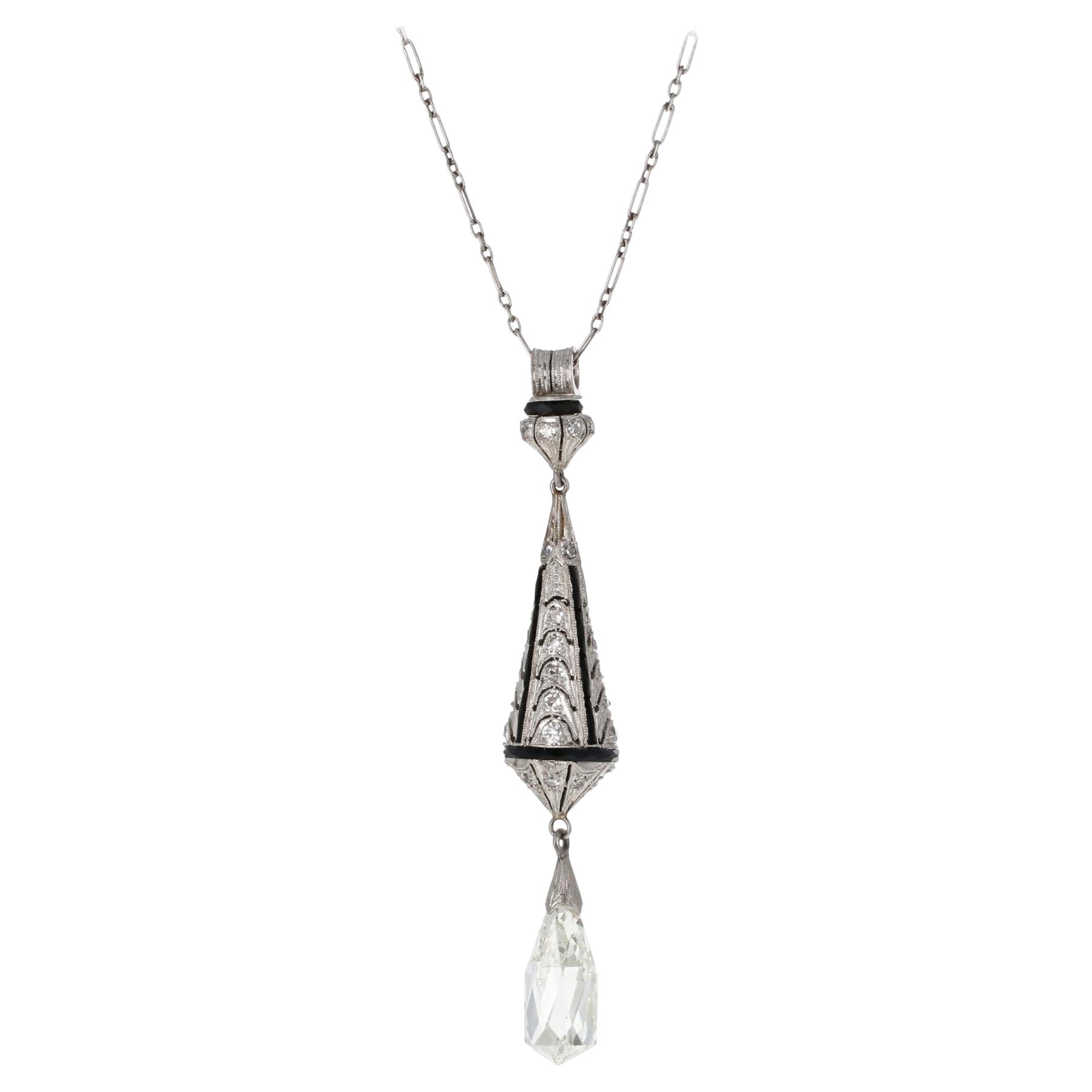 Antike Art Deco 3,96 Karat GIA-zertifizierte Diamant-Tropfen-Anhänger-Halskette im Angebot