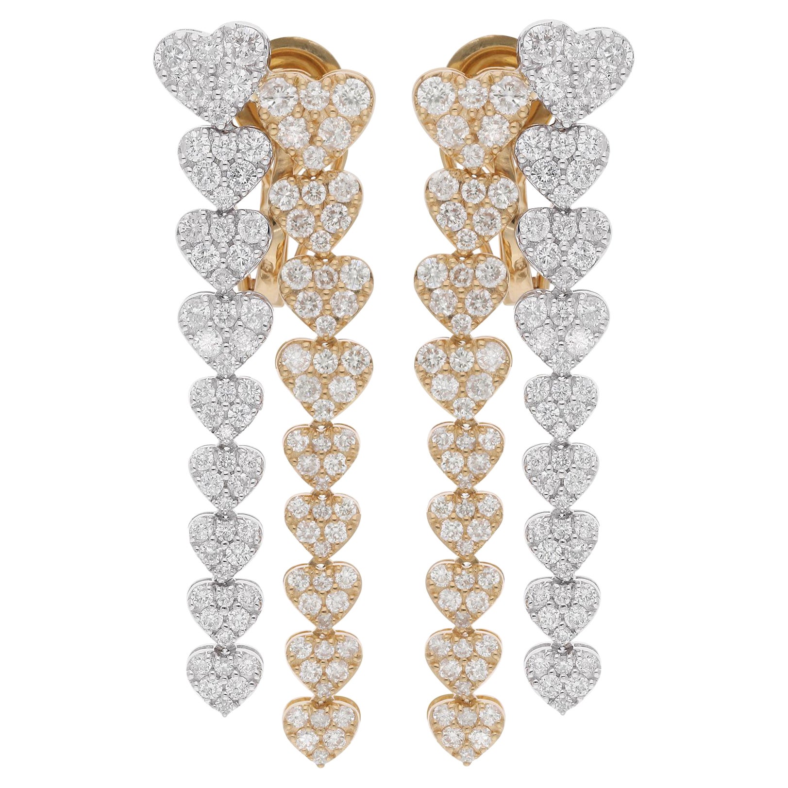 Real 3.36 Carat Diamond Multi Heart Dangle Earrings 18 Karat Yellow White Gold For Sale